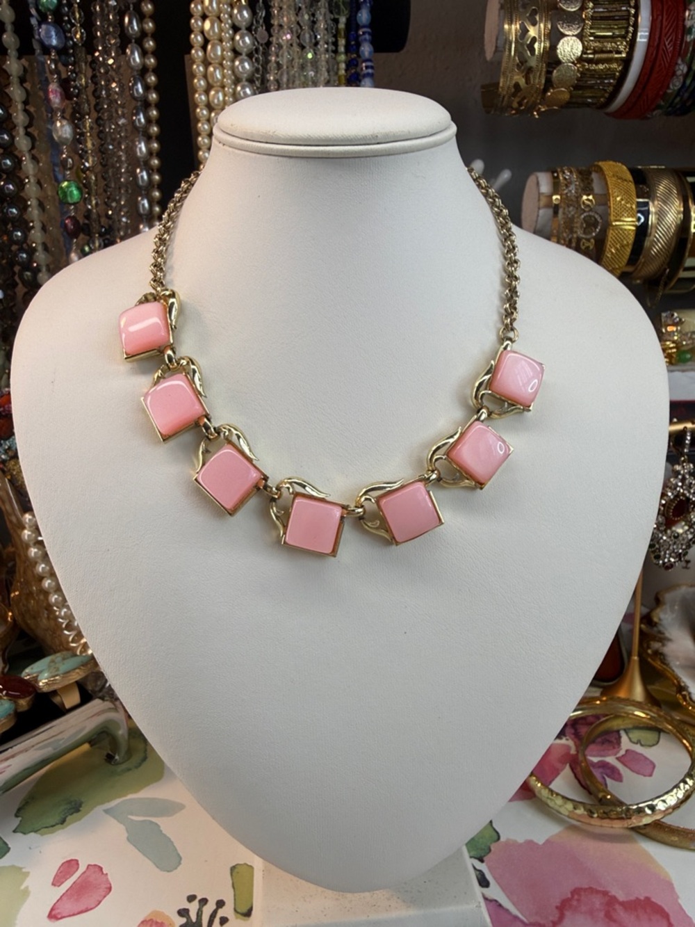Vintage Coro Pink Square Thermoset Link Statement Necklace